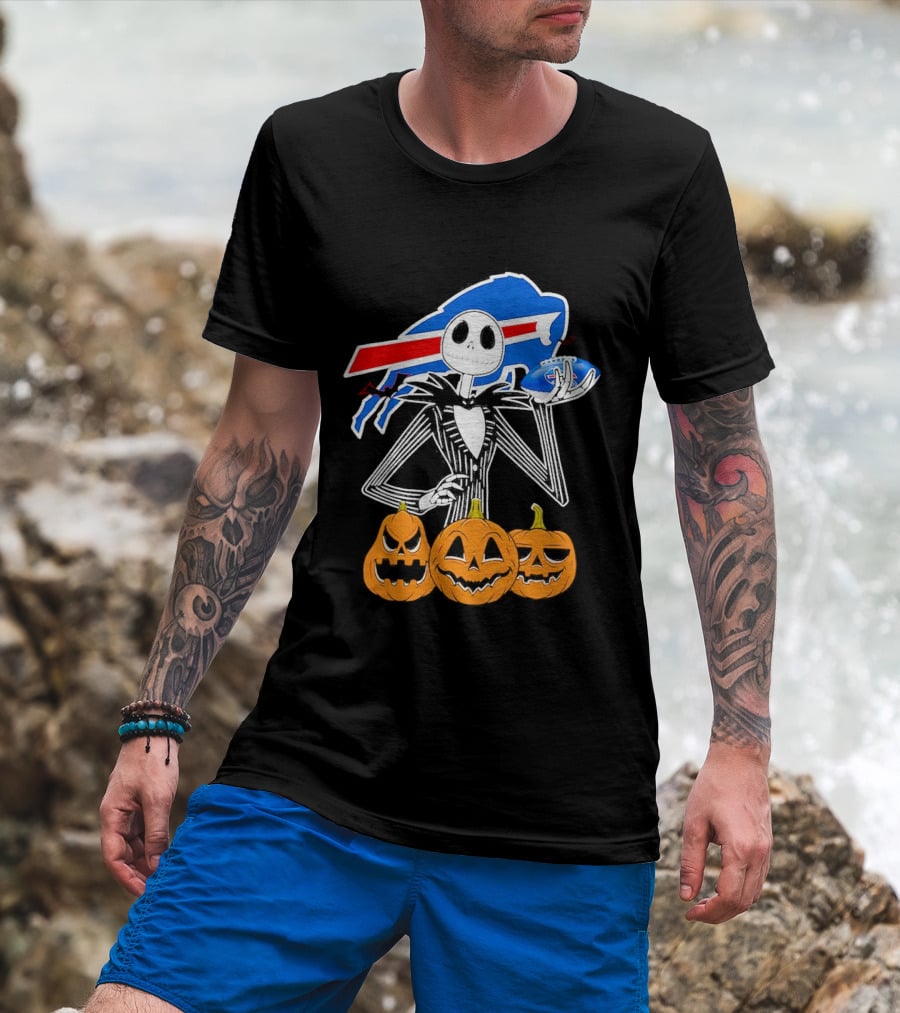 Buffalo Bills Jack Skellington Holding Football Halloween Pumpkins T-Shirt