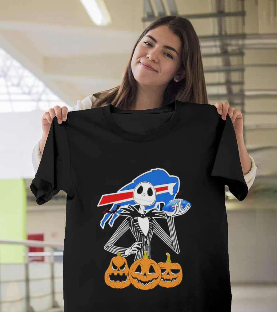 Buffalo Bills Jack Skellington Holding Football Halloween Pumpkins T-Shirt