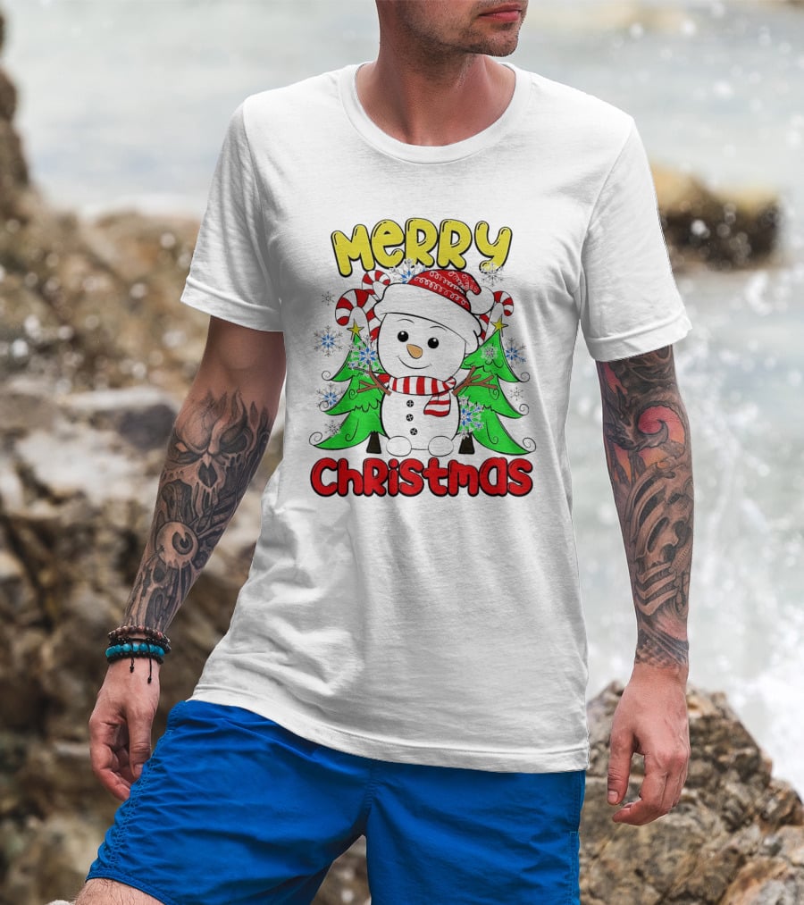 Merry Christmas Snowman With Candy Canes And Snowflakes T-Shirt