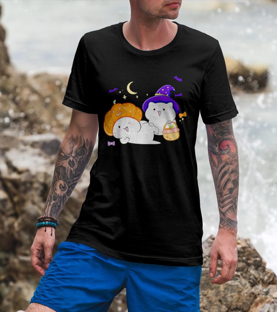 Bongo Cat Meme Halloween Pumpkin Witch Hat Moon Stars Bats T-Shirt