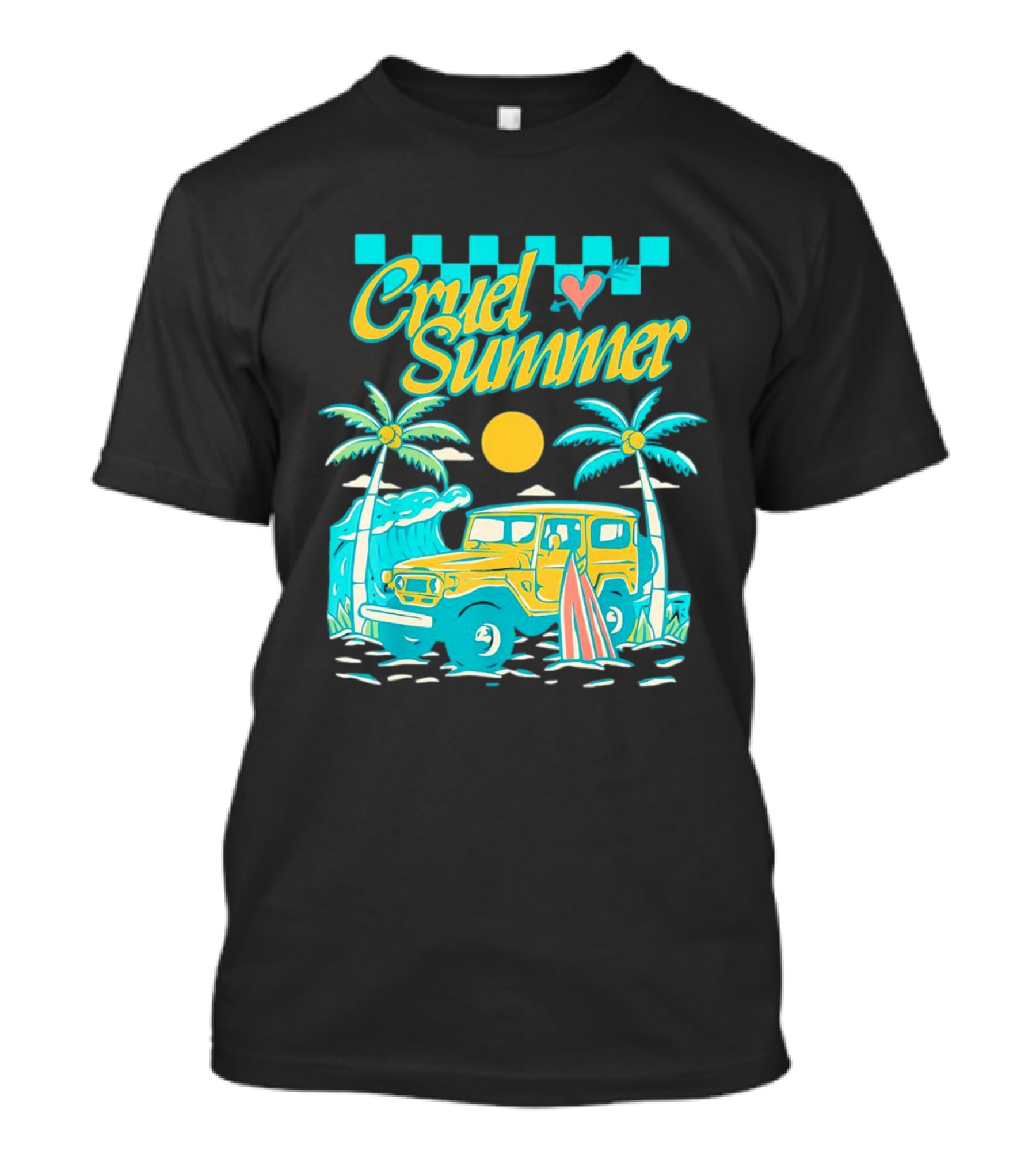 Cruel Summer Beach Vintage Jeep Palm Trees Retro Sun Wave Heart T-Shirt