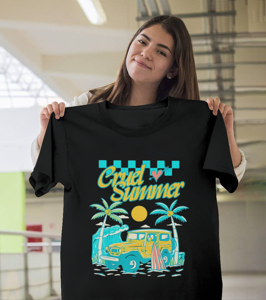 Cruel Summer Beach Vintage Jeep Palm Trees Retro Sun Wave Heart T-Shirt