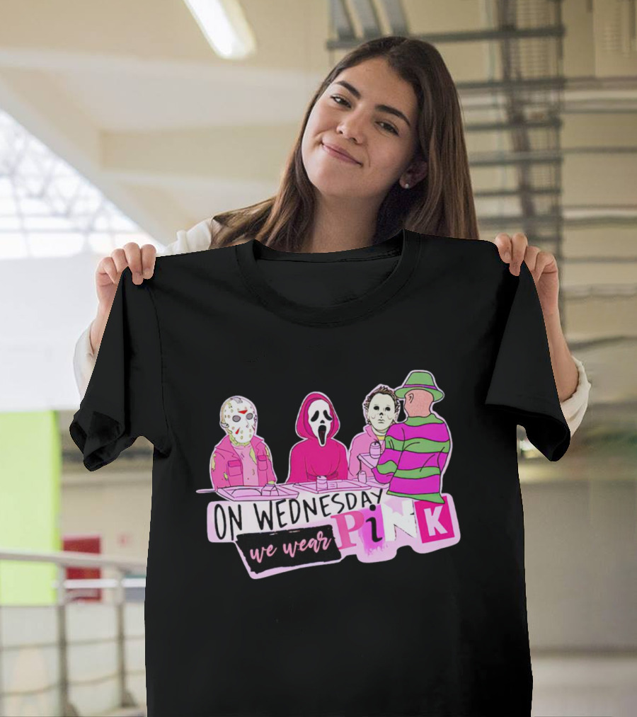 On Wednesdays We Wear Pink Horror Movie Characters Halloween Dinner Scene T-Shirt