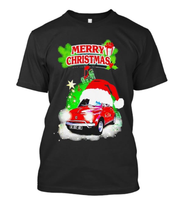 Merry Christmas Red Fiat 500 With Santa Hat And Green Background T-Shirt