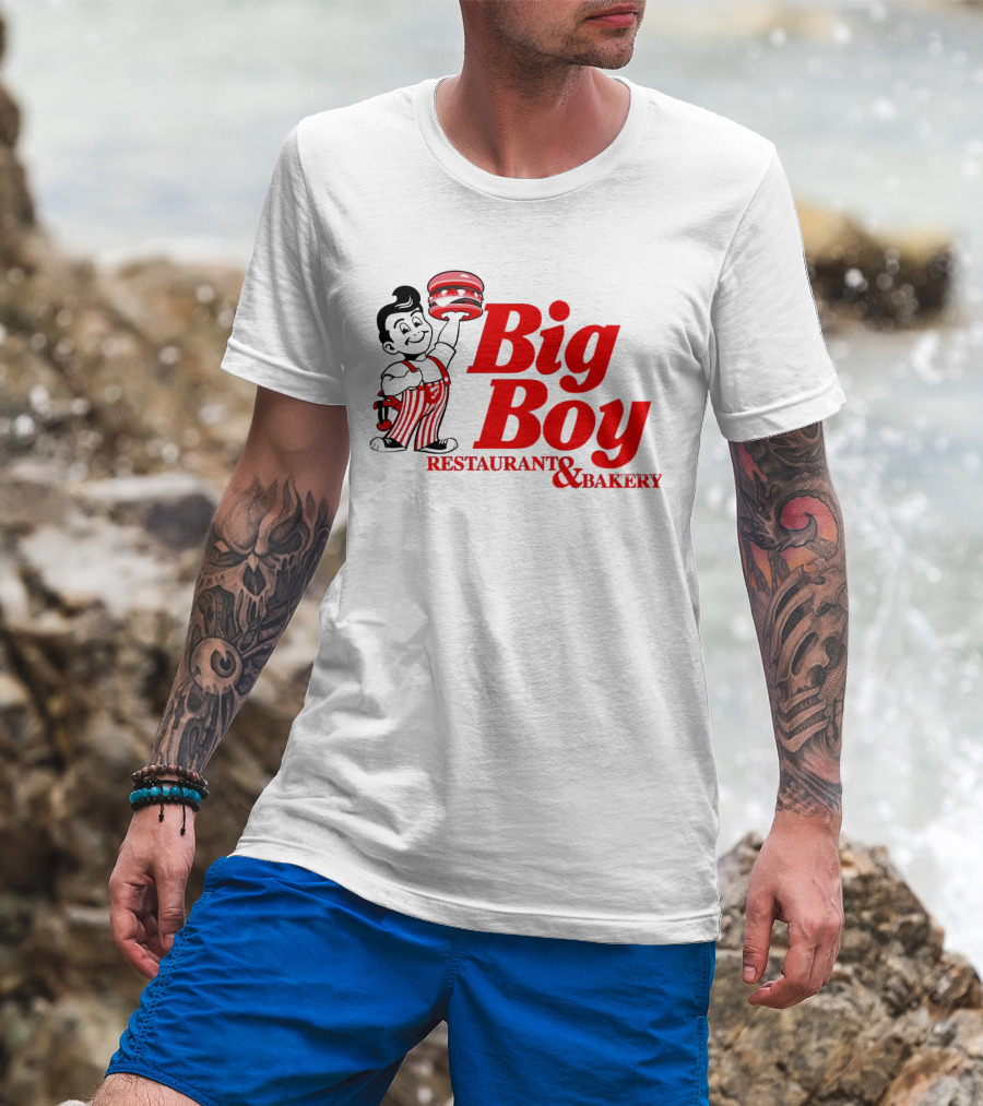 Big Boy Restaurant And Bakery Logo - Iconic Red Text With Burger Mascot T-Shirt