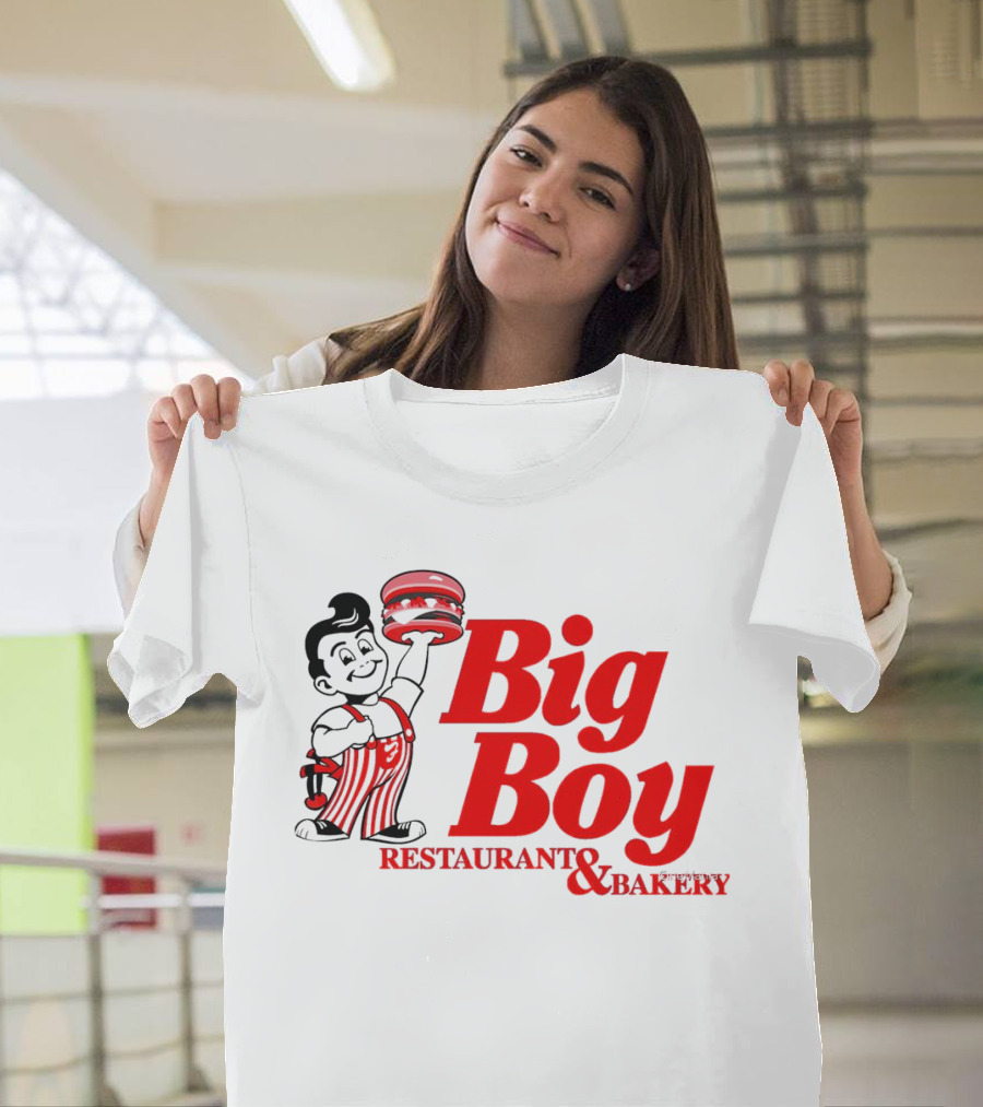 Big Boy Restaurant and Bakery Logo - Iconic Red Text with Burger Mascot T-Shirt