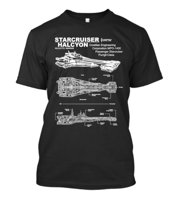 Starcruiser Halcyon Corellian Engineering Schematic Blueprint MPO-1400 Passenger Starcruiser Purrgil-Class T-Shirt