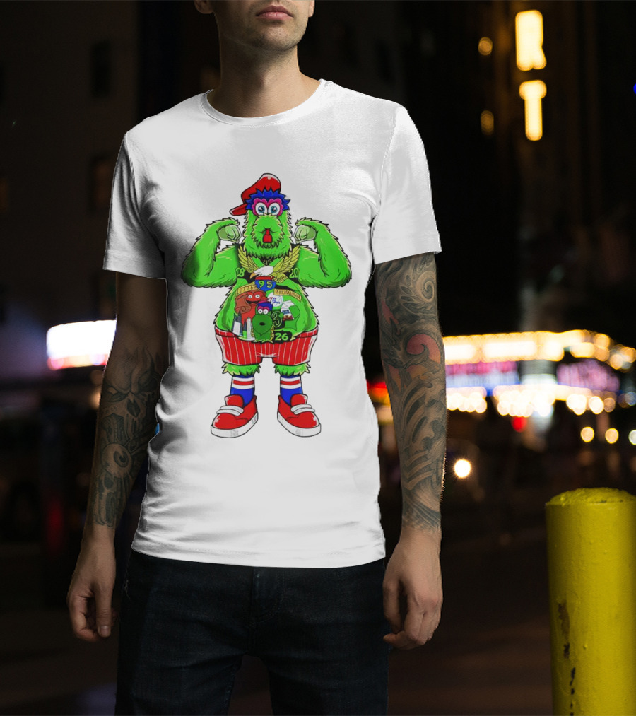 Philly Phanatic Mascots Sporting Red Cap And Sneakers With 1980 2008 1985 1995 2008 Numbers T-Shirt