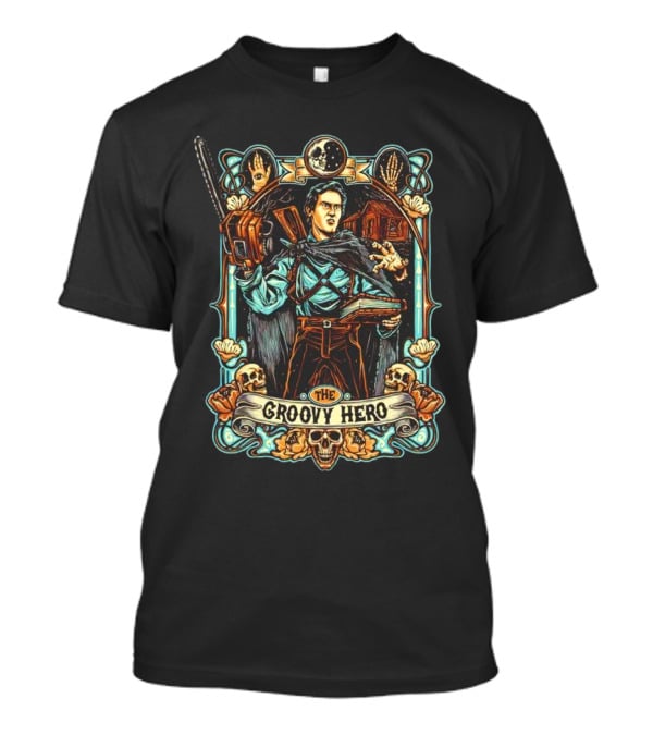 The Groovy Hero Chainsaw Warrior Moon Necronomicon Skulls T-Shirt