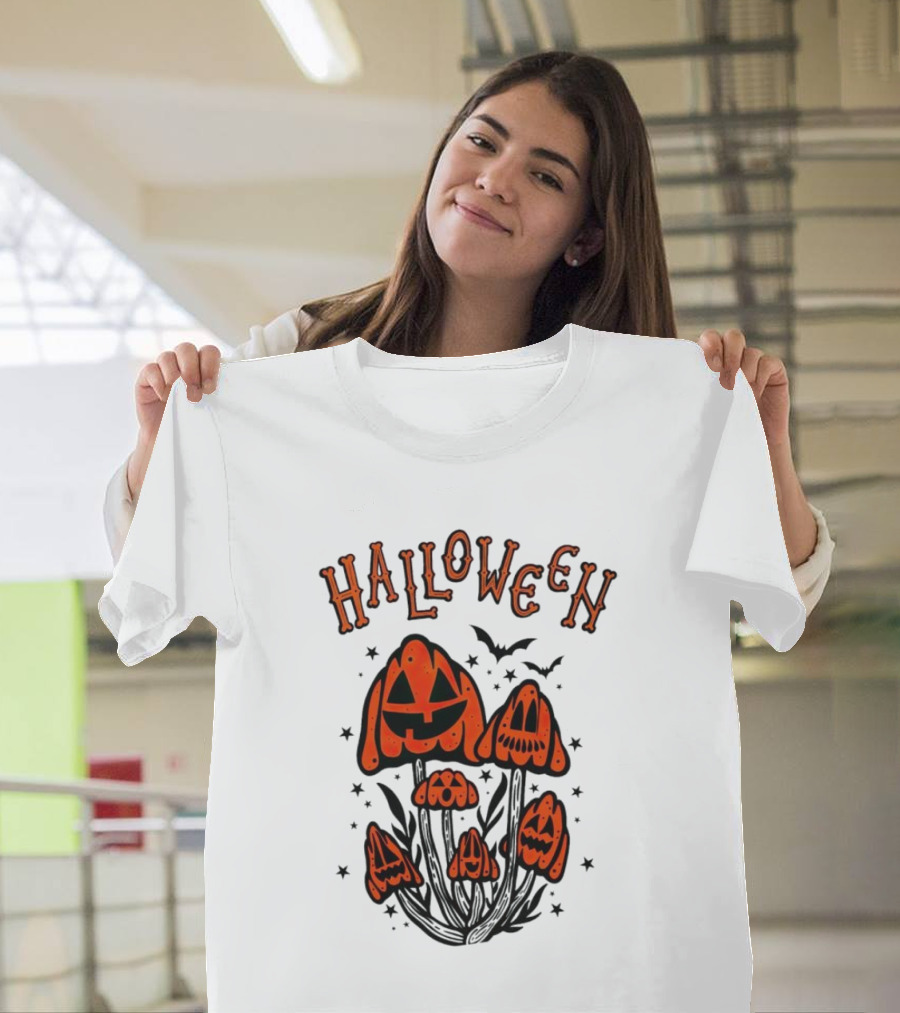 Halloween Pumpkin Mushrooms With Bats And Stars T-Shirt