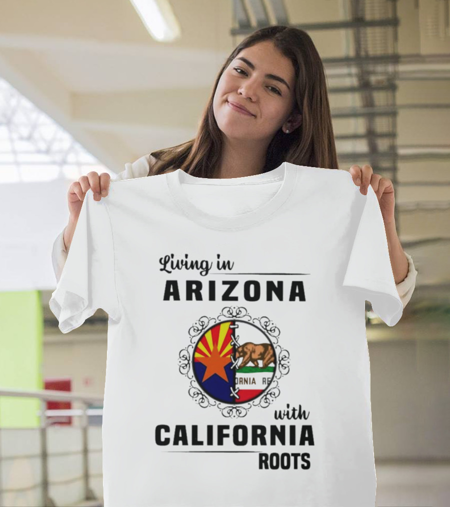 Living in Arizona with California Roots Emblem Featuring State Flags and Bear T-Shirt