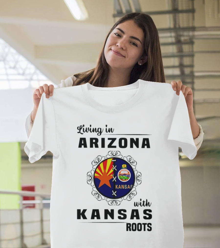 Living in Arizona Embracing Kansas Roots with State Seal Elements T-Shirt