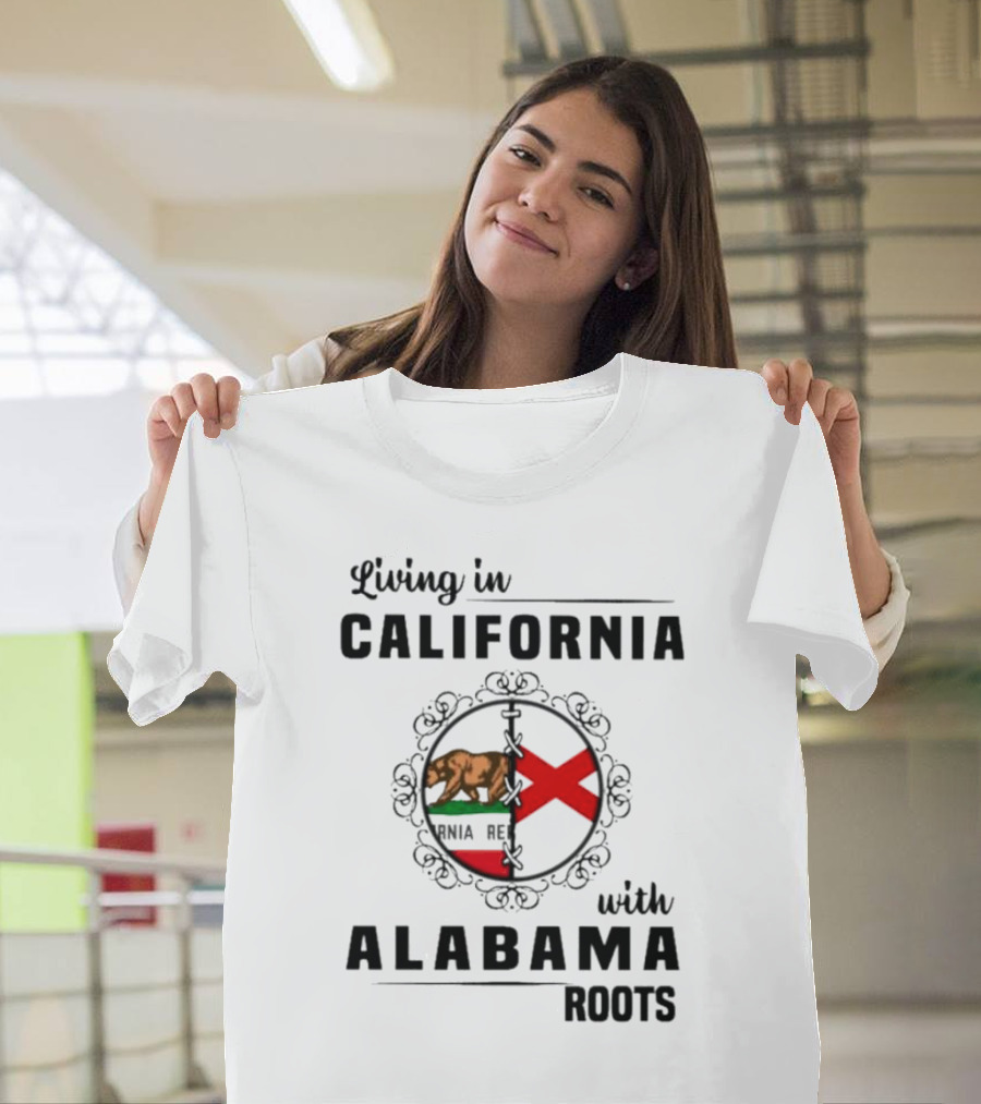 Living in California Bear Flag with Alabama Crimson Cross Roots T-Shirt