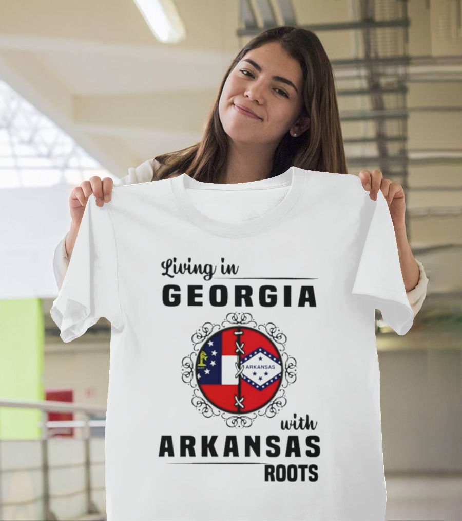 Living in Georgia with Arkansas Roots Symbolized by State Flags and Decorative Frame T-Shirt