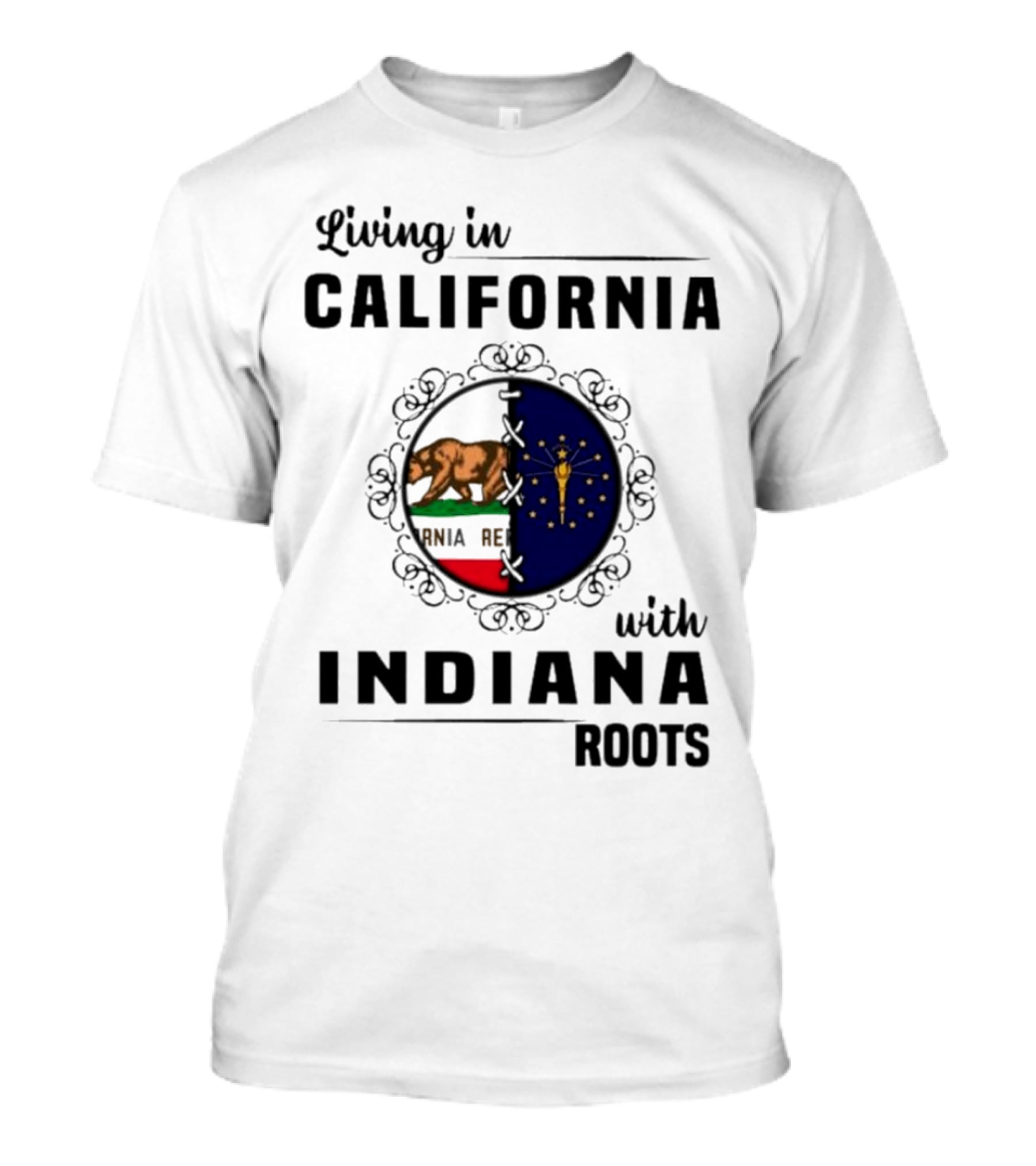 Living In California With Indiana Roots Bear And Torch Flag Emblem T-Shirt
