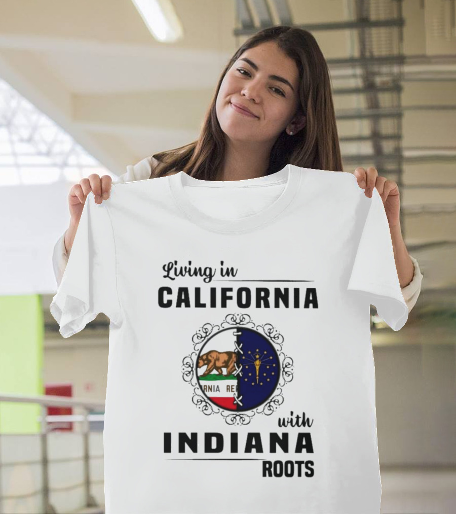 Living In California With Indiana Roots Bear And Torch Flag Emblem T-Shirt