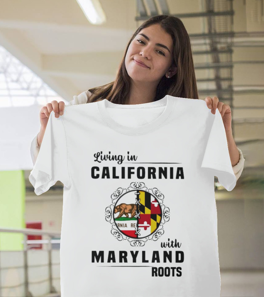 Living in California Bear Flag with Maryland Roots Flag Puzzle T-Shirt