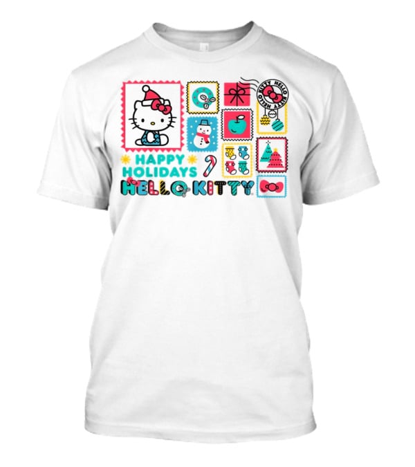 Happy Holidays Hello Kitty Merry Christmas Candy Cane Bow Trees Gift Snowman T-Shirt