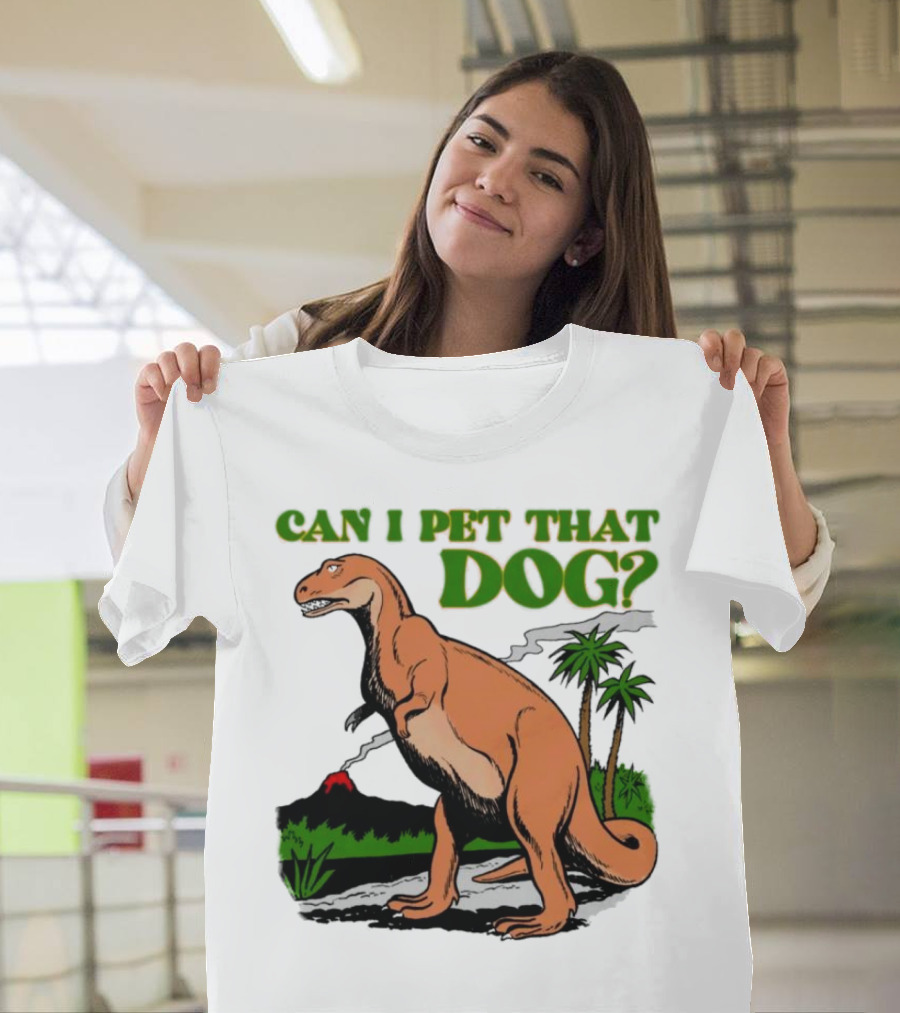 Can I Pet That Dog Dinosaur Volcano and Palm Trees T-Shirt