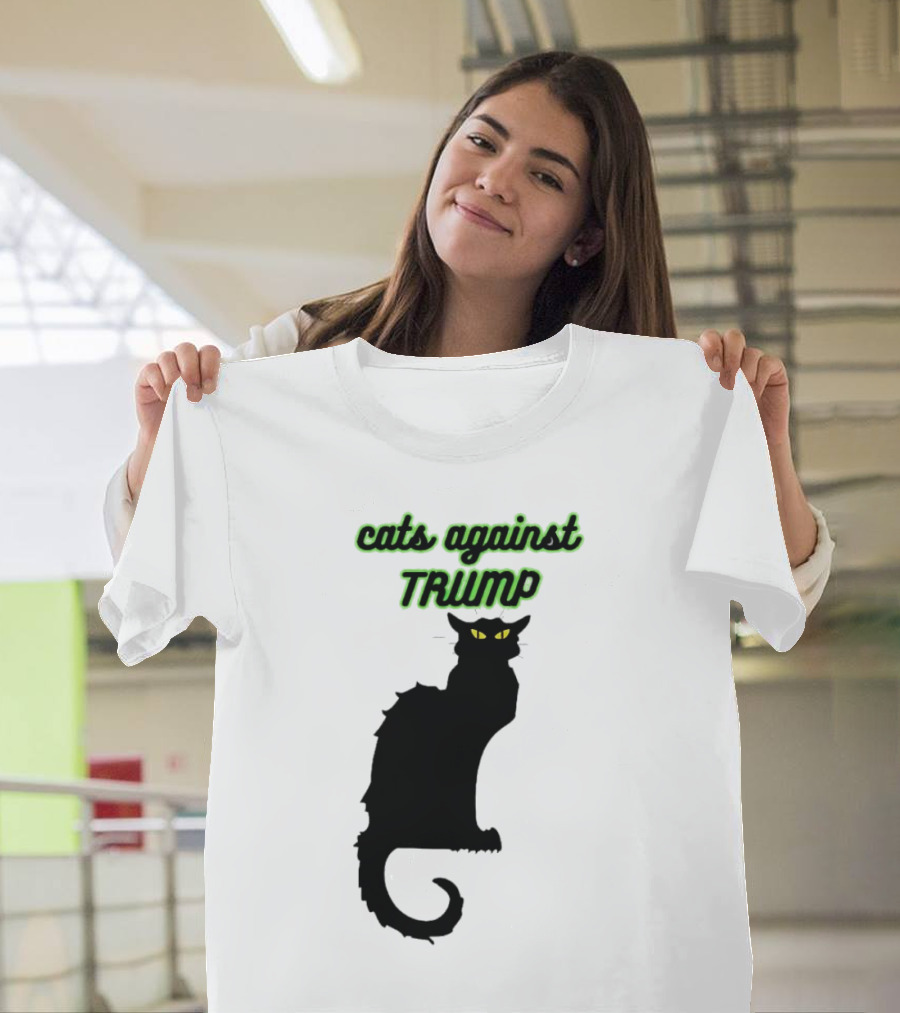 cats against trump black cat silhouette with glowing yellow eyes T-Shirt