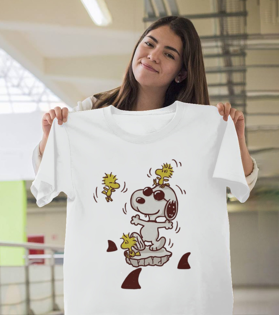 Snoopy and Woodstock Peanuts Dangerous Waters Shark Alert T-Shirt