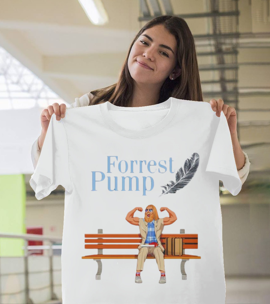 Forrest Pump Sitcom Character with Feather and Bench T-Shirt