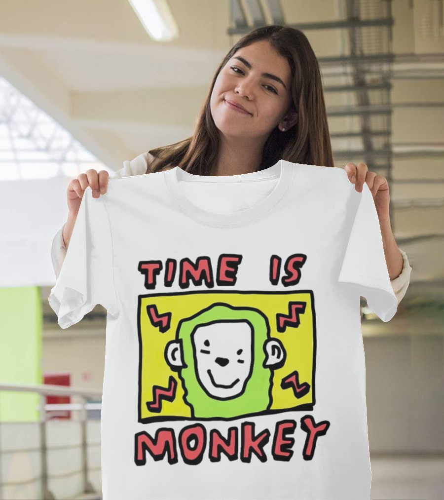 Time Is Monkey Green Highlighted Cartoon Face With Zigzag Lines T-Shirt