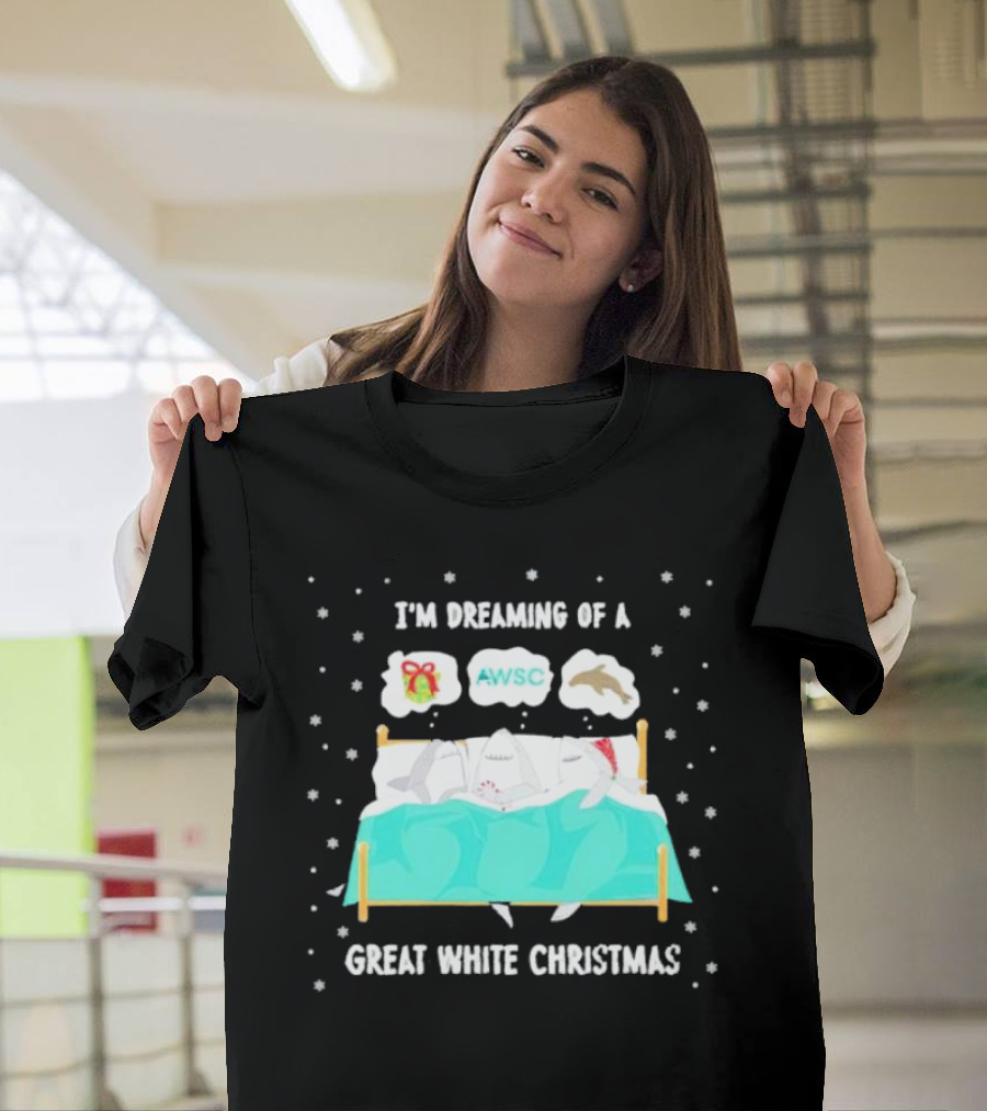 I'm Dreaming Of A Great White Christmas AWSC Shark In Bed With Snowflakes T-Shirt