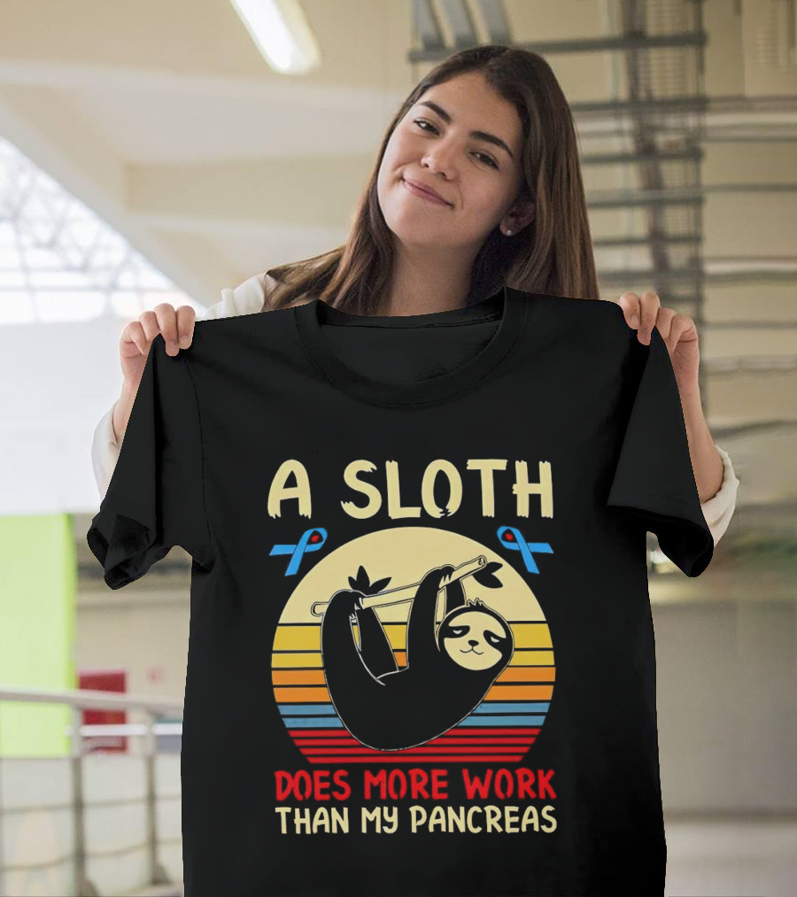 A Sloth Does More Work Than My Pancreas Vintage Style With Blue Diabetes Awareness Ribbons T-Shirt