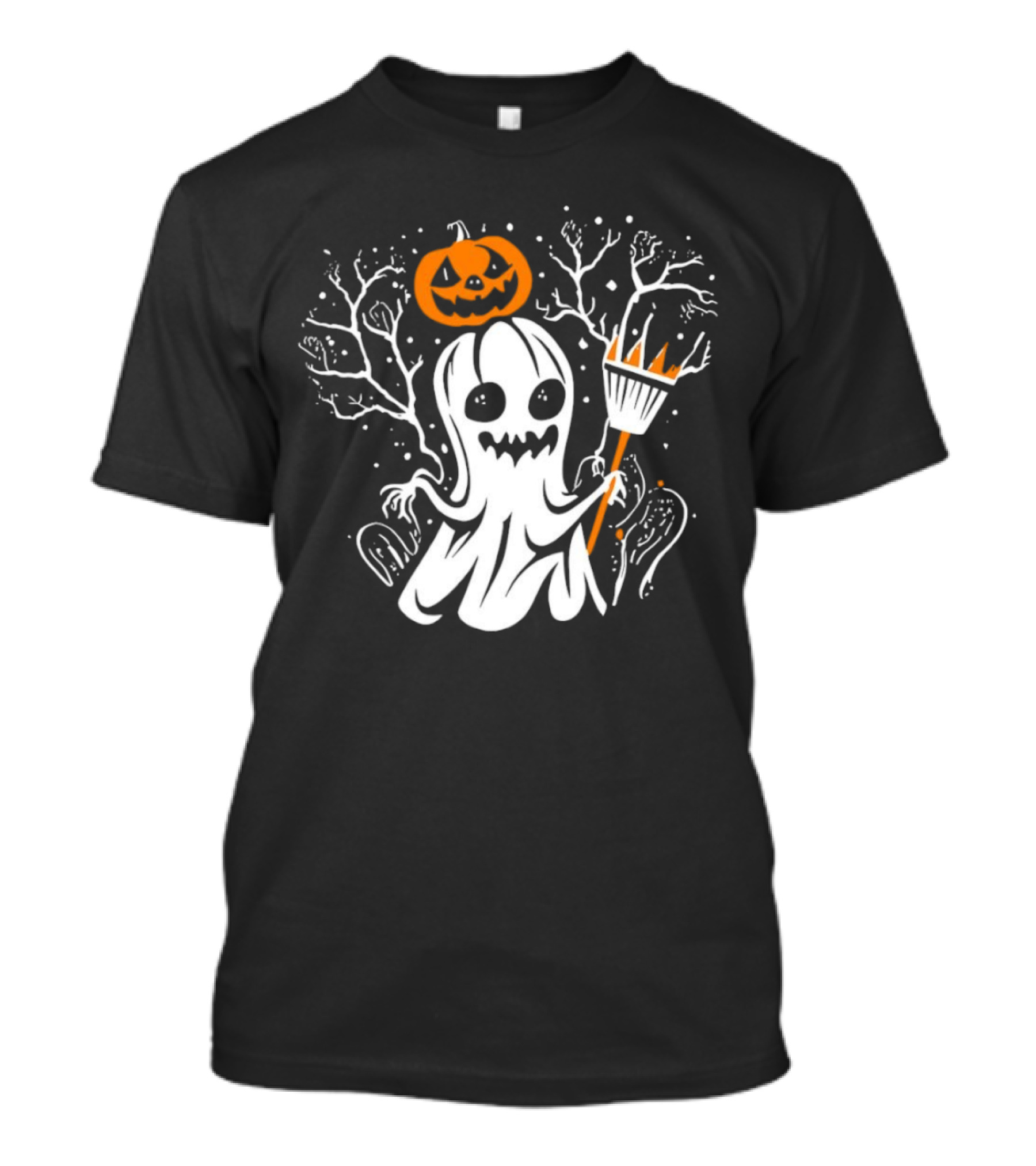 Pumpkin King Halloween Ghost With Broomstick T-Shirt