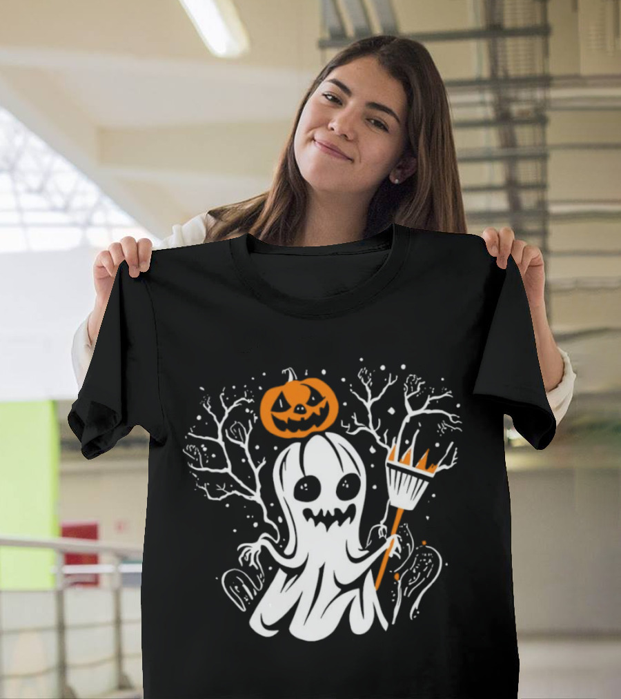 Pumpkin King Halloween Ghost With Broomstick T-Shirt