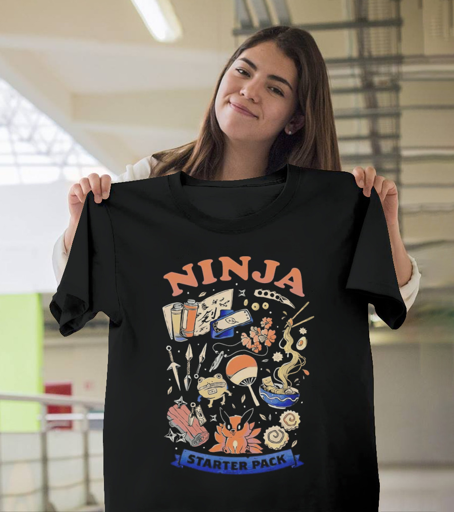 Ninja Starter Pack Kunai Scrolls Shuriken Ramen Chopsticks Anime Fox Pokeball T-Shirt