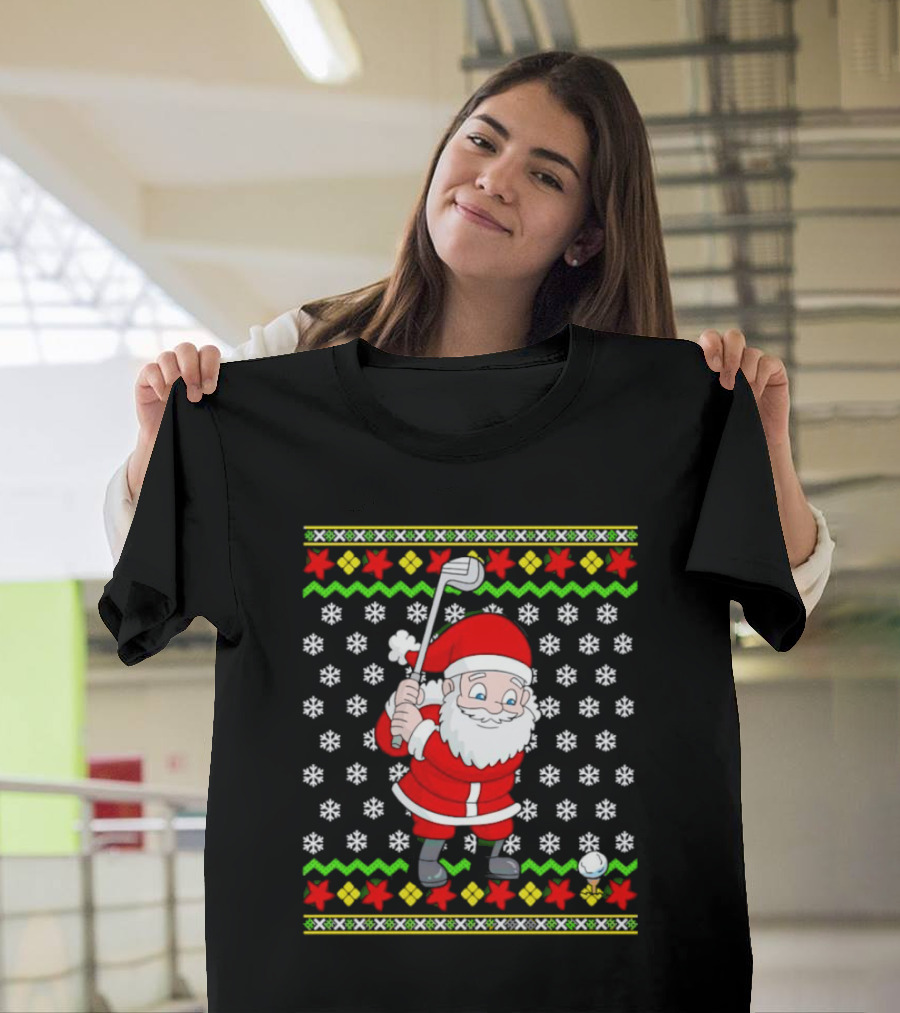 Santa Golfing Christmas Snowflakes Ugly T-Shirt