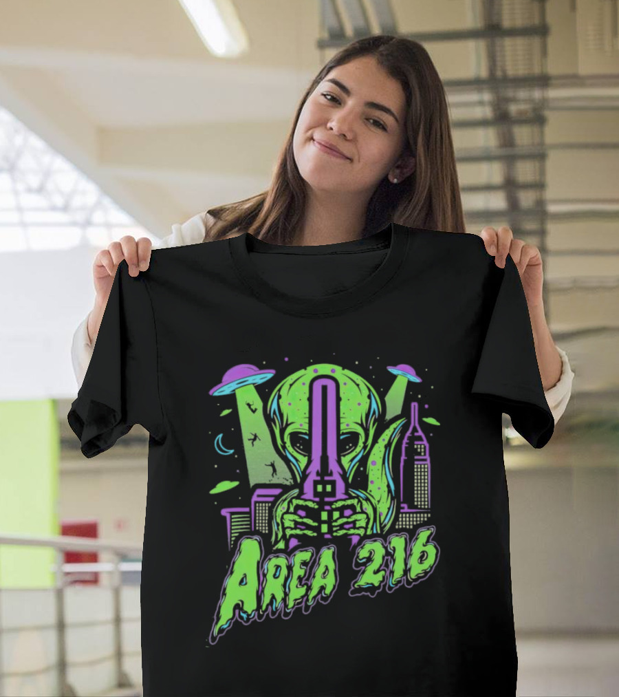 Area 216 Alien UFO City Skyline Neon T-Shirt