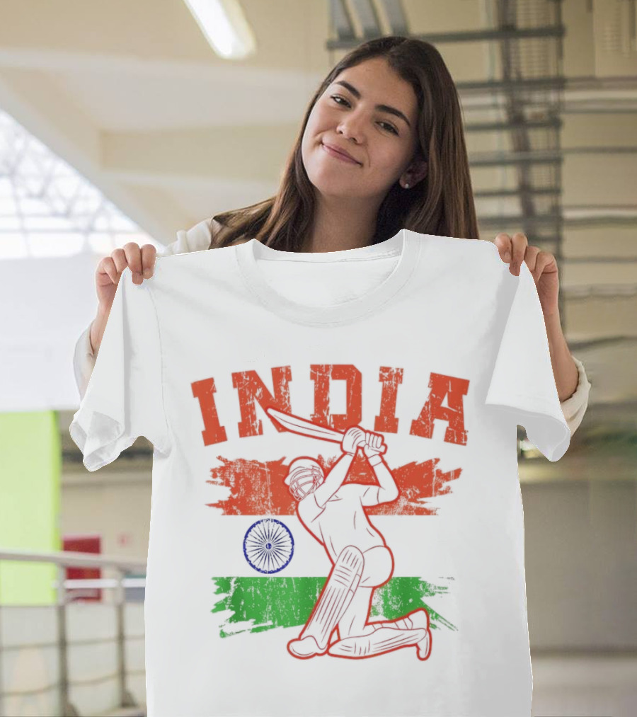 India Cricket Enthusiasts Batting Action With Ashoka Chakra T-Shirt