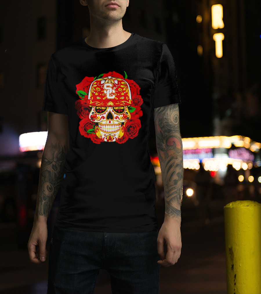 USC Sugar Skull With Roses And Cap T-Shirt