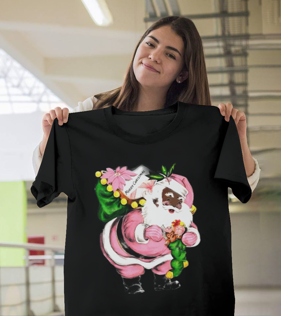 Merry Christmas Pink African-American Black Santa Claus With Gifts T-Shirt