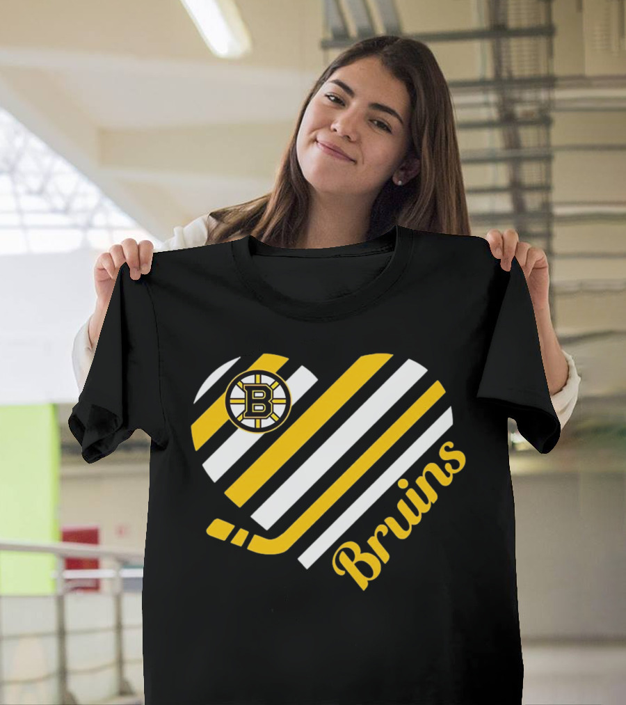 Boston Bruins Stripes Heart With Hockey Stick T-Shirt