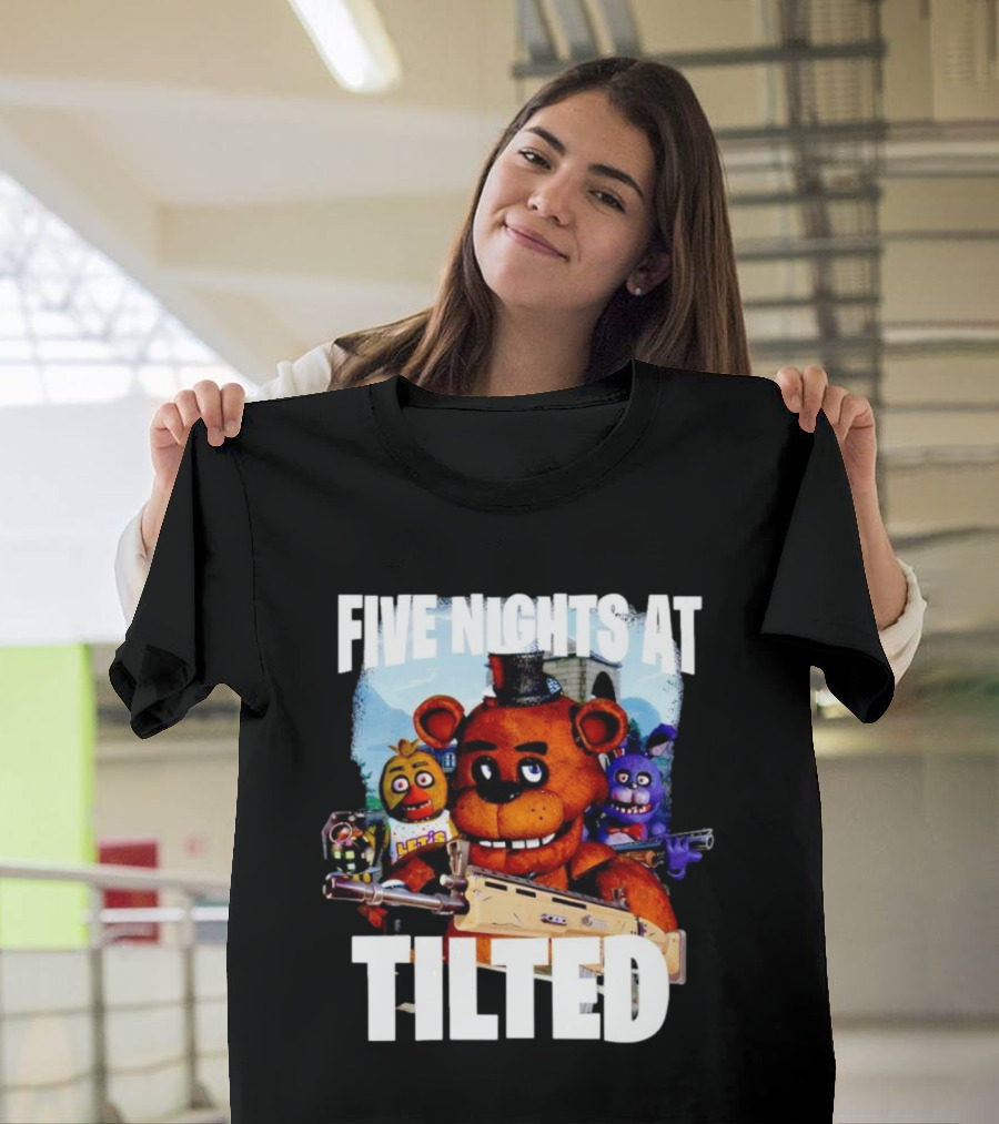Five Nights at Tilted Freddy Bear Characters with Guns T-Shirt