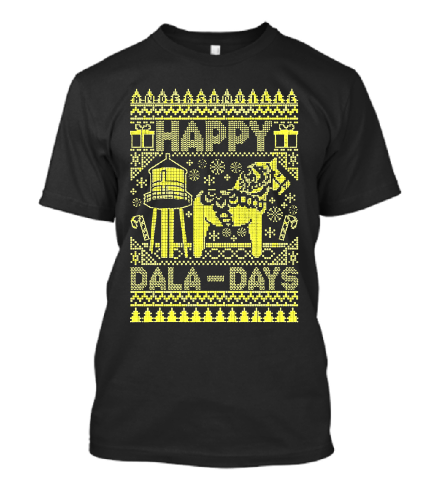 Andersonville Happy Dala Days Christmas Sweater Pattern With Water Tower And Dala Horse T-Shirt