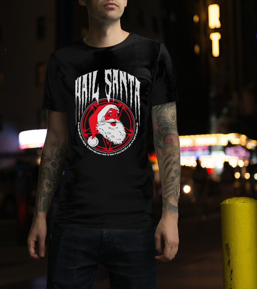 Hail Santa Evil Christmas Pentagram Santa Hat T-Shirt