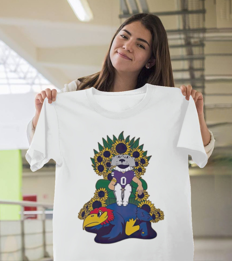 Kansas State Wildcats Mascot Sunflowers Throne with Kansas Jayhawks T-Shirt