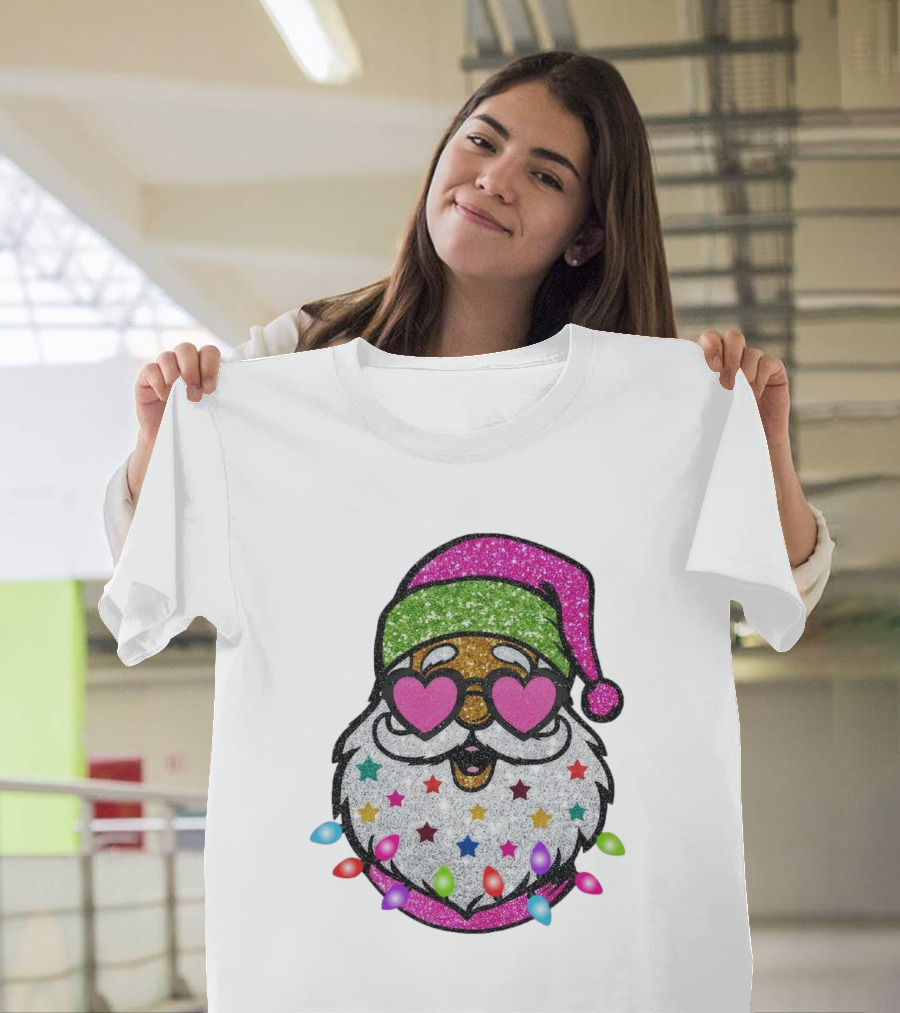 Glittery Pink Santa Claus With Heart Sunglasses And Colorful Stars And Holiday Lights T-Shirt