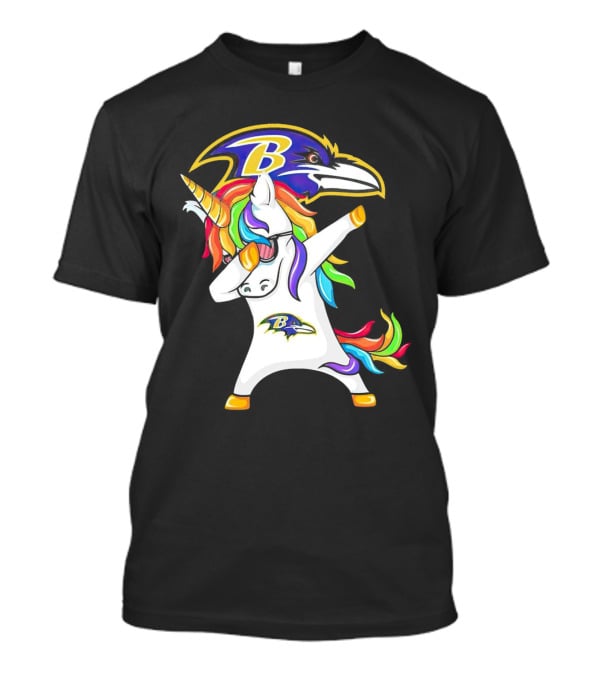 Unicorn Dabbing Baltimore Ravens Emblem Rainbow Colors T-Shirt