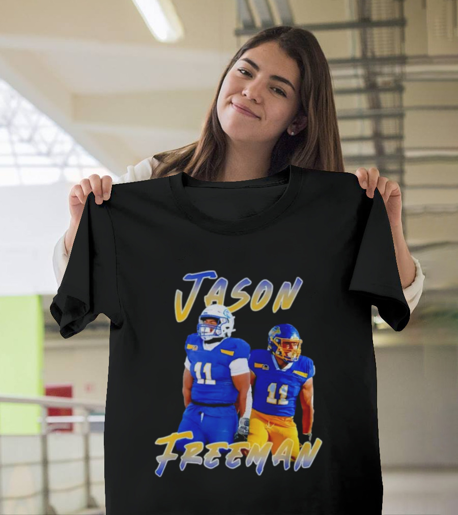 Jason Freeman Football Gameday 11 Blue and Yellow Gear T-Shirt