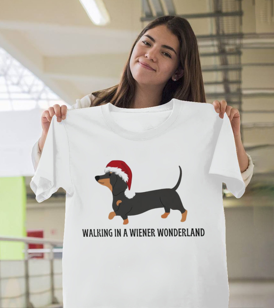 Christmas Walking in a Wiener Wonderland Dachshund with Santa Hat T-Shirt
