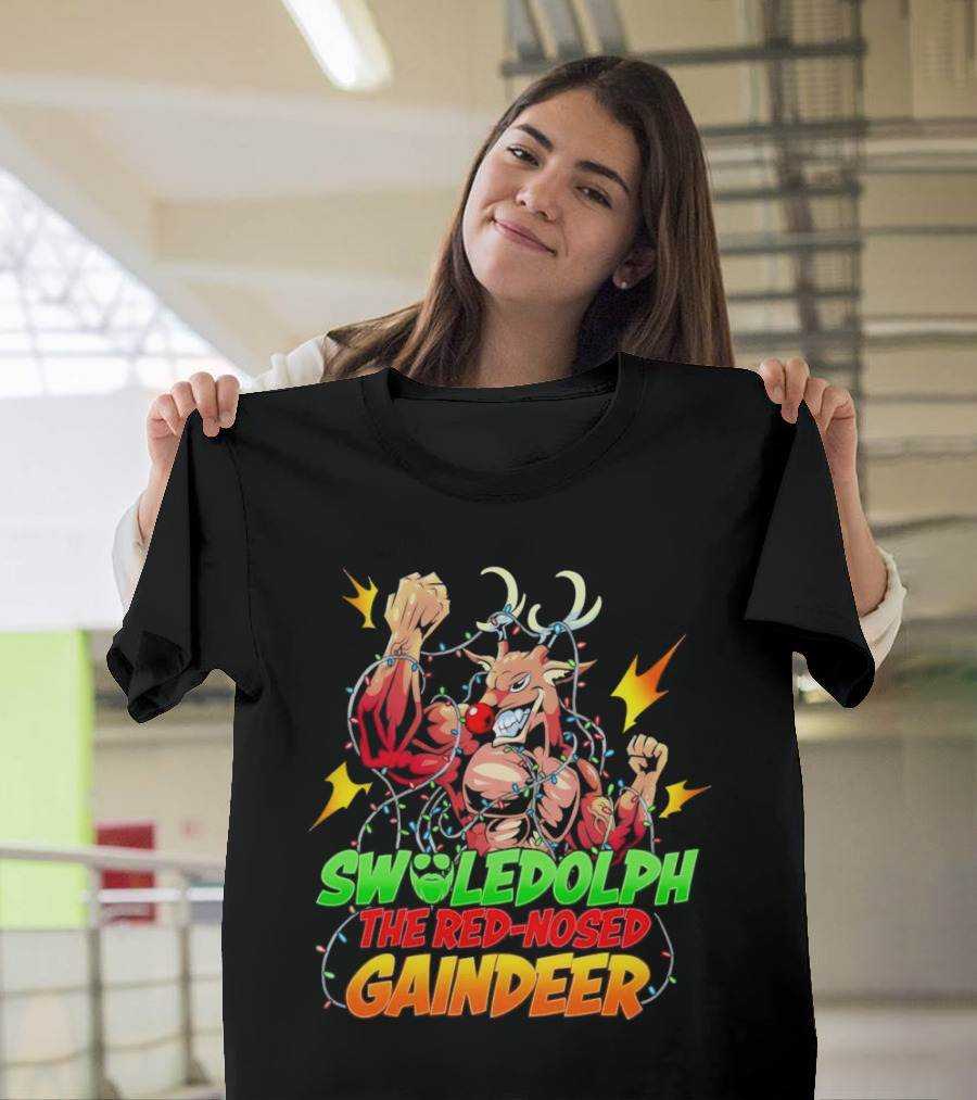 Swoledolph The Red-Nosed Gaindeer Christmas Lights Flexing T-Shirt