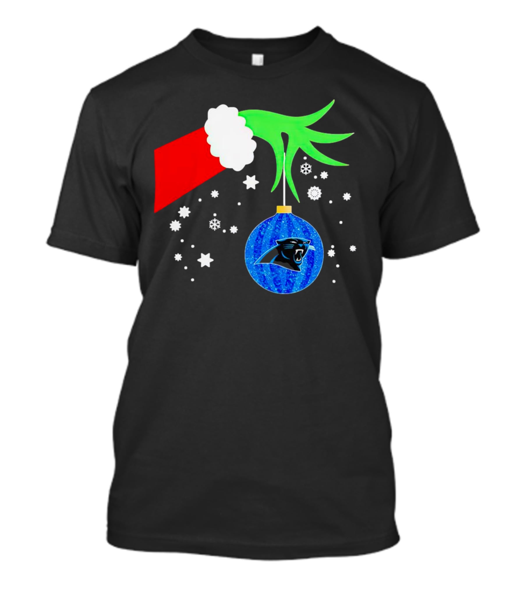 The Grinch Holding Carolina Panthers Christmas Ornament With Snowflakes T-Shirt