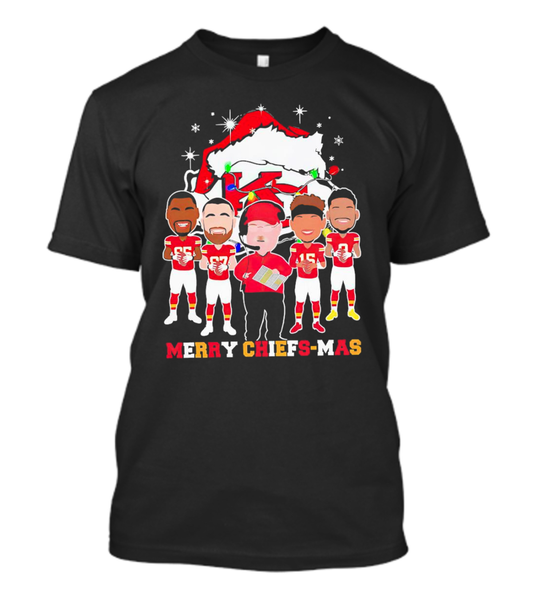 Kansas City Chiefs Merry Chiefs-Mas Christmas NFL Team Festive Cartoon Players And Santa Hat T-Shirt