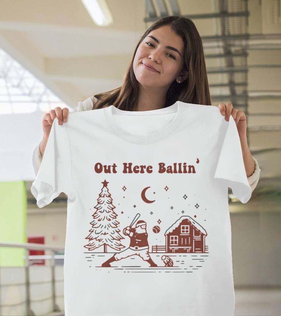 Out Here Ballin' Santa Playing Baseball Christmas Scene T-Shirt